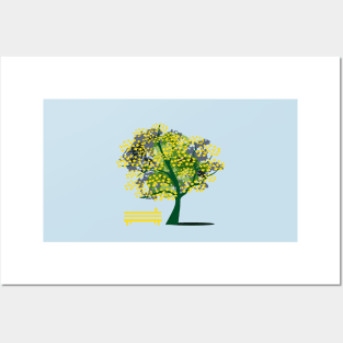 Spring Flowering Tree Park Bench Bird Posters and Art